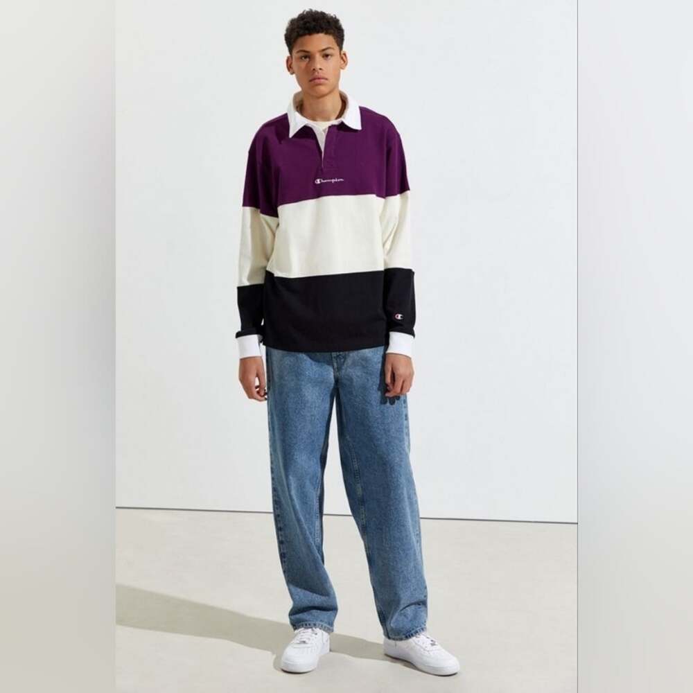 Champion Colorblock Long Sleeve Rugby Polo Shirt Purple White Black Size M